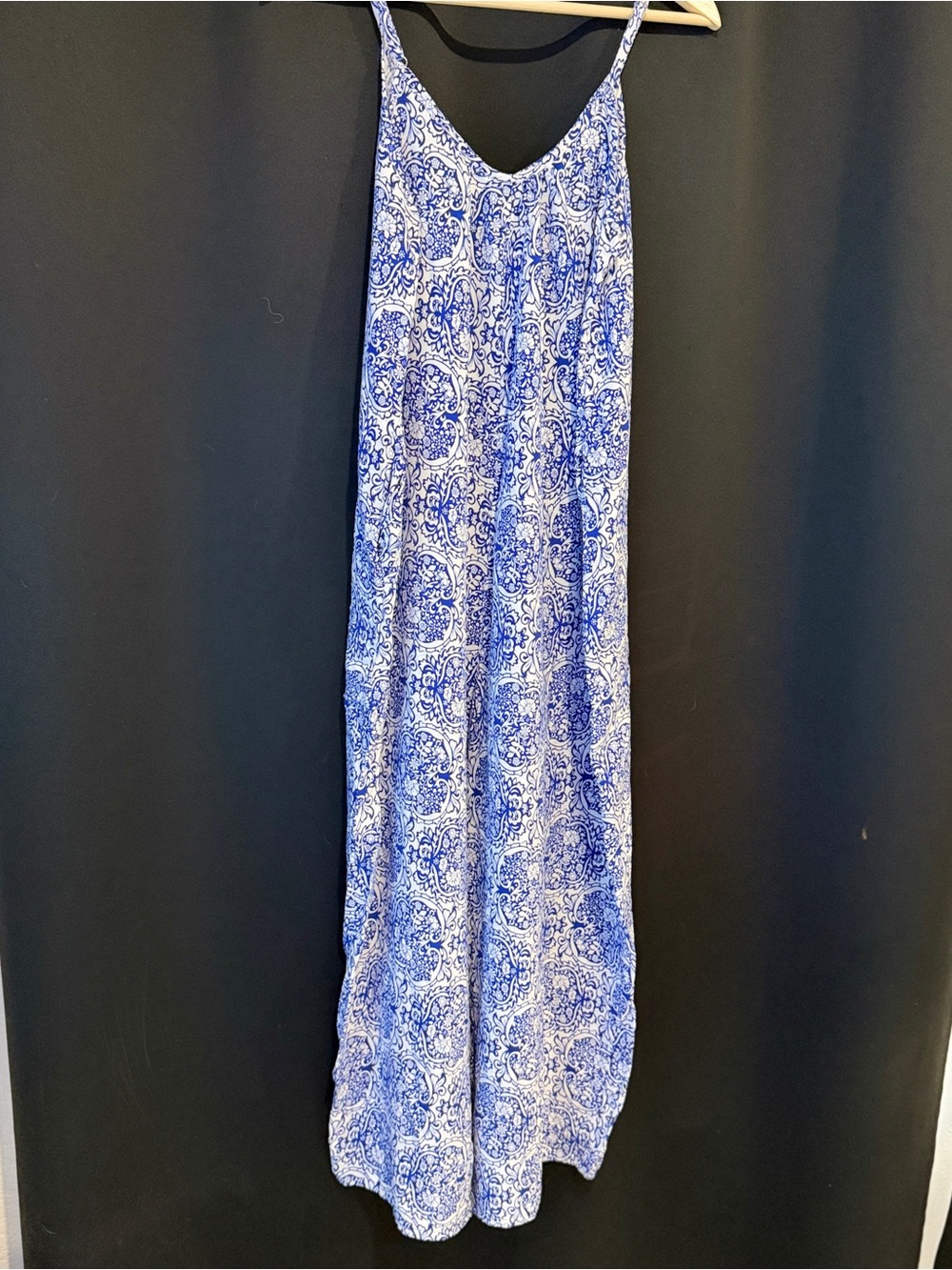 Women’s XL Relaxed Fit Boho Indie Blue & White Mosaic Spaghetti-Strap Jumpsuit